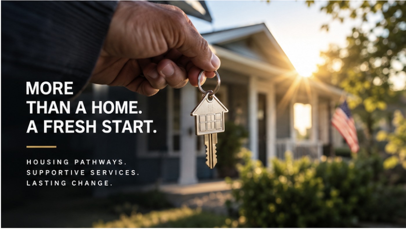 A hand holding house keys in front of a home, representing a fresh start and housing support for veterans.